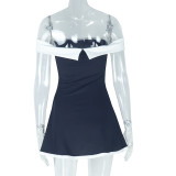 One collar color blocked backless high waisted short dress