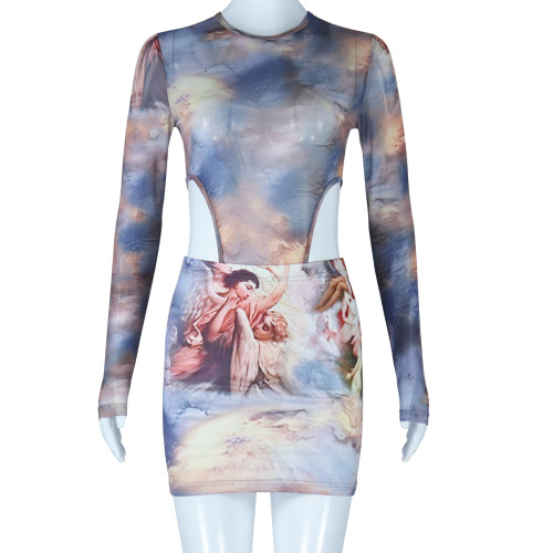 Round neck see through long sleeved jumpsuit with printed bag and hip skirt, two-piece set