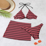Three piece bikini set with apron print bikini