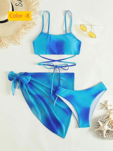Three piece tie dye lace up bikini