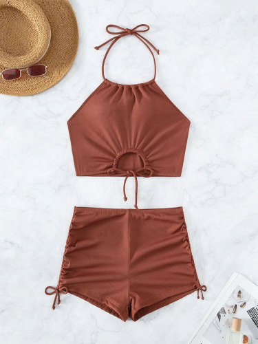 Split swimsuit with flat corner drawstring