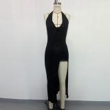 Backless strap side slit three-dimensional hook flower dress