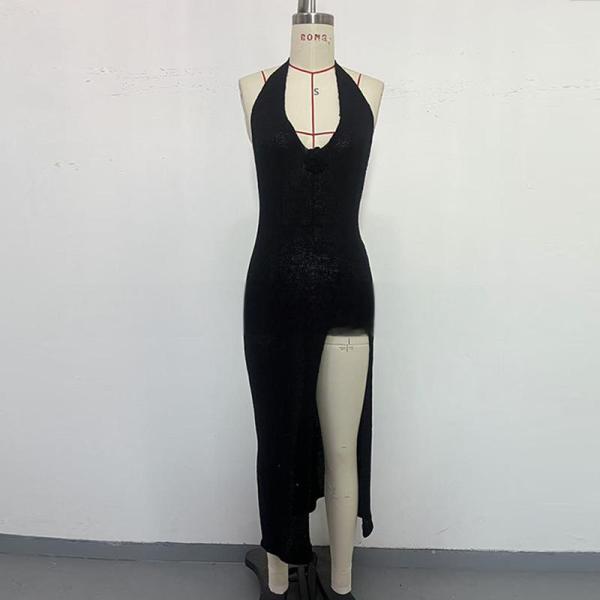 Backless strap side slit three-dimensional hook flower dress