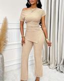Solid color slanted shoulder collar slit high waist set