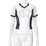 Letter V-neck rhinestone lace patchwork top T-shirt