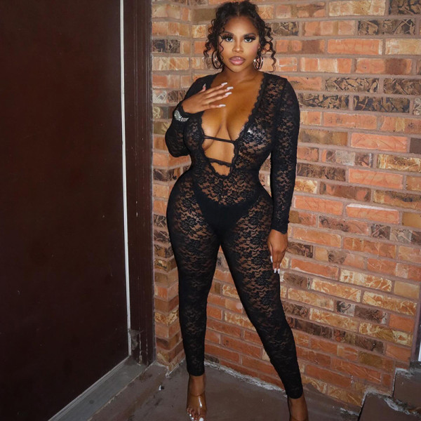 Lace see through zipper jumpsuit