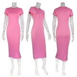Solid color short sleeved slim fit hip hugging dress