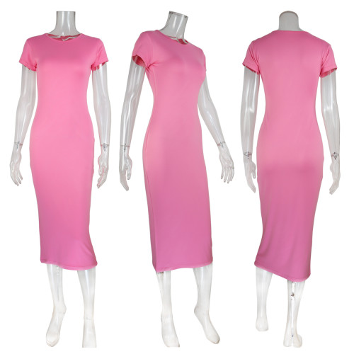 Solid color short sleeved slim fit hip hugging dress