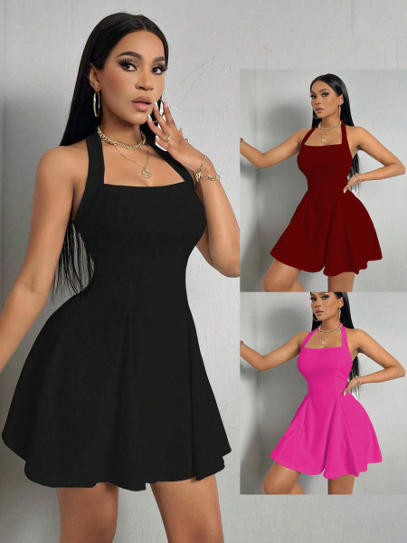 Backless waist cinched A-line large swing short skirt dress