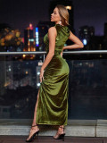 Sleeveless velvet side slit hip hugging long skirt