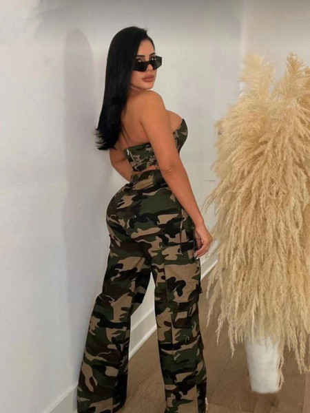 Camouflage strap strapless vest straight leg pants set