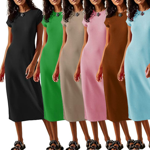 Solid color short sleeved slim fit hip hugging dress
