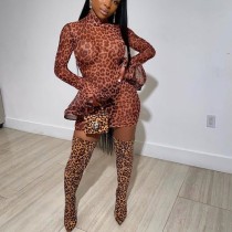 Perspective leopard print mesh semi high neck hip hugging dress