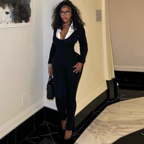 Tight zipper long sleeved U-neck jumpsuit