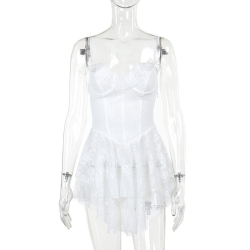 Lotus leaf lace A-line dress with suspender skirt