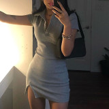 Tight collar, hip hugging skirt, short sleeved knitted dress