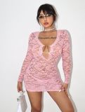 Lace low neck hollow out long sleeved dress for women's wear