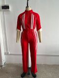 Stand up collar, shoulder down, waist cinching, zipper jumpsuit pants