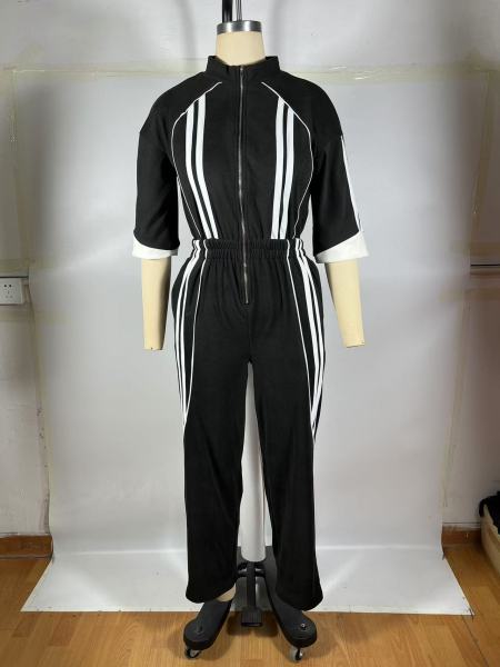 Stand up collar, shoulder down, waist cinching, zipper jumpsuit pants
