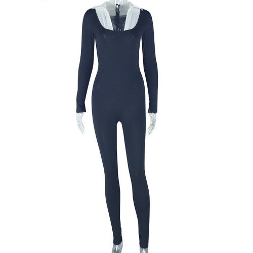 Tight zipper long sleeved U-neck jumpsuit
