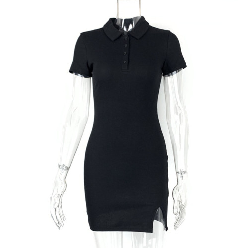 Tight collar, hip hugging skirt, short sleeved knitted dress