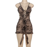 Digital printed low cut hollow lace up tight jumpsuit