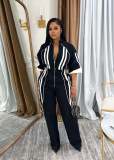 Stand up collar, shoulder down, waist cinching, zipper jumpsuit pants