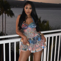 Lotus leaf edge A-line skirt with hanging neck and exposed back short dress