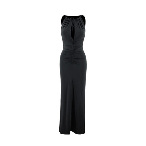 Hollow out pleated slim fit long dress