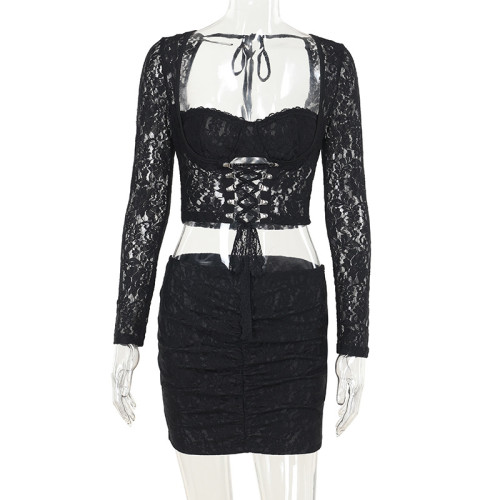 Lace square collar tied waist half skirt set