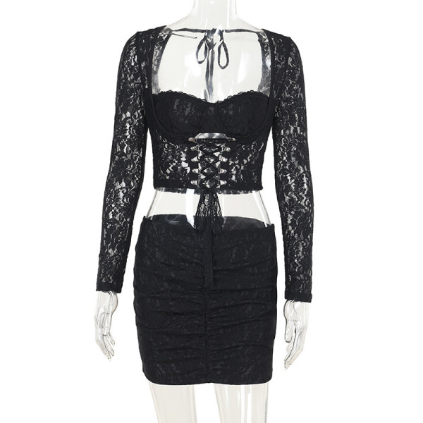 Lace square collar tied waist half skirt set