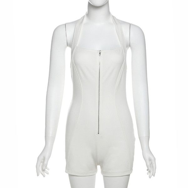 Hanging neck zipper jumpsuit shorts, backless straight leg pants