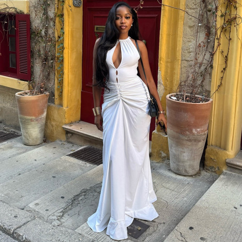 Wrinkle hollowed out hip hugging skirt, high neck sleeveless solid color long dress