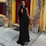 Wrinkle hollowed out hip hugging skirt, high neck sleeveless solid color long dress