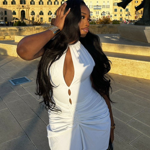 Wrinkle hollowed out hip hugging skirt, high neck sleeveless solid color long dress