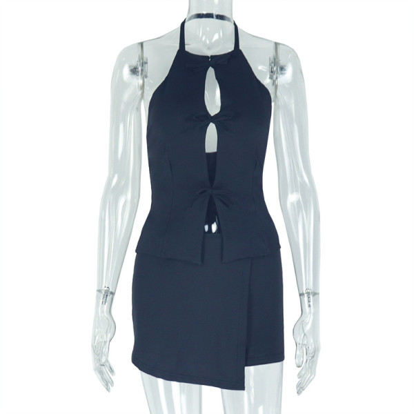 Hollow out pleated hip hugging skirt two-piece set