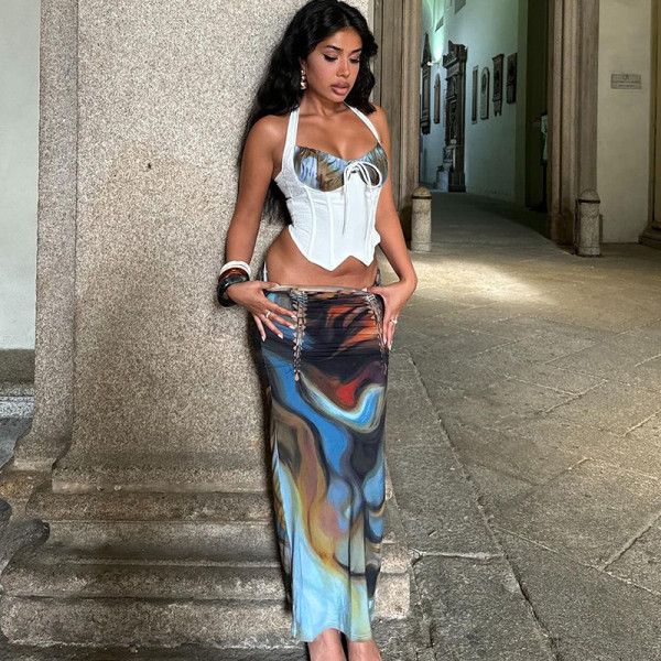 Halo printed pleated top with tied rope skirt set
