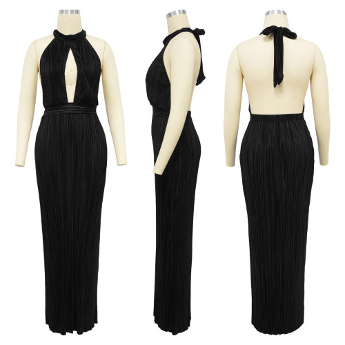 Backless dress, solid color pleated dress