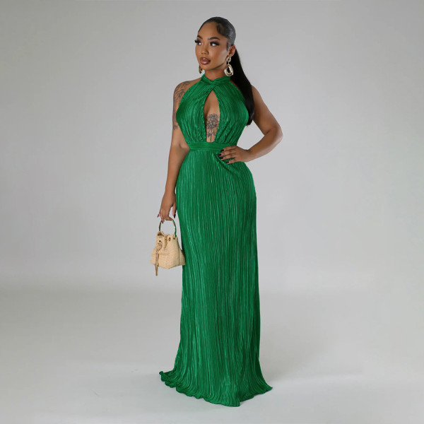 Backless dress, solid color pleated dress