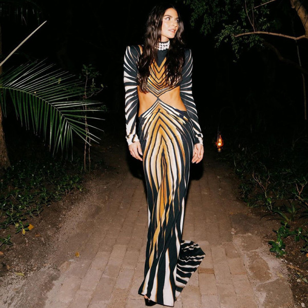 Half high neck digital printed waist revealing dress