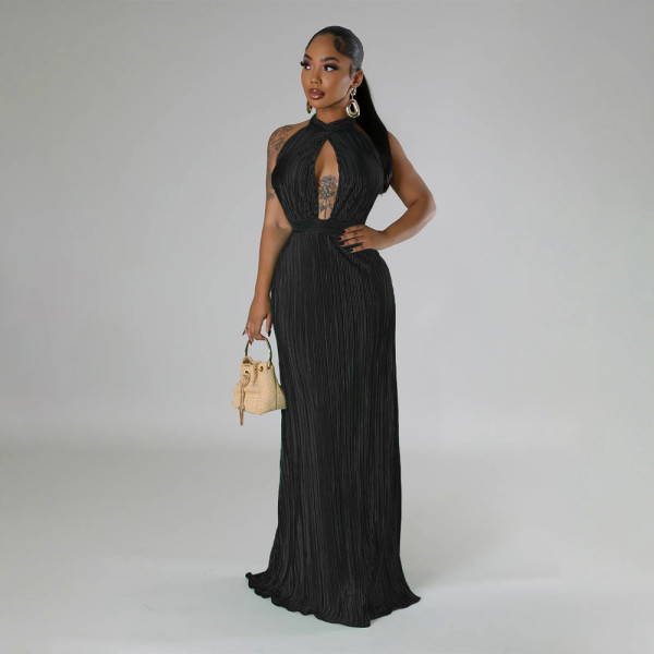 Backless dress, solid color pleated dress