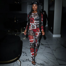 Printed round neck see through mesh long sleeved set Printed round neck see through mesh long sleeved set