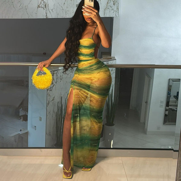Lace up backless high slit jumpsuit long skirt