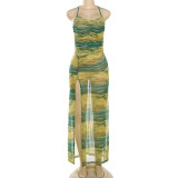 Lace up backless high slit jumpsuit long skirt