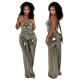 Swing collar hanging neck open back wide leg jumpsuit