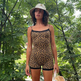 Printed jumpsuit with lace patchwork suspender and hip hugging shorts