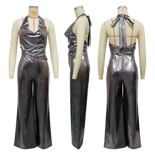 Swing collar hanging neck open back wide leg jumpsuit