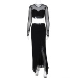 Long sleeved mesh double-layer splicing slit long skirt two-piece set