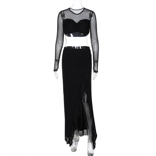 Long sleeved mesh double-layer splicing slit long skirt two-piece set