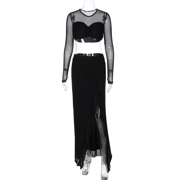 Long sleeved mesh double-layer splicing slit long skirt two-piece set